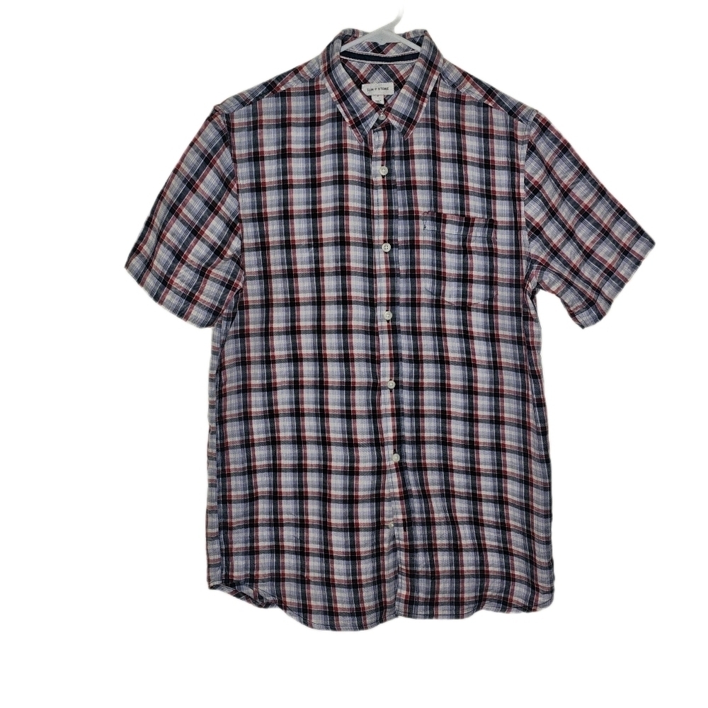 Sun + Stone Mens Red-Blue Plaid Short Sleeve Button down Shirt Size Small
